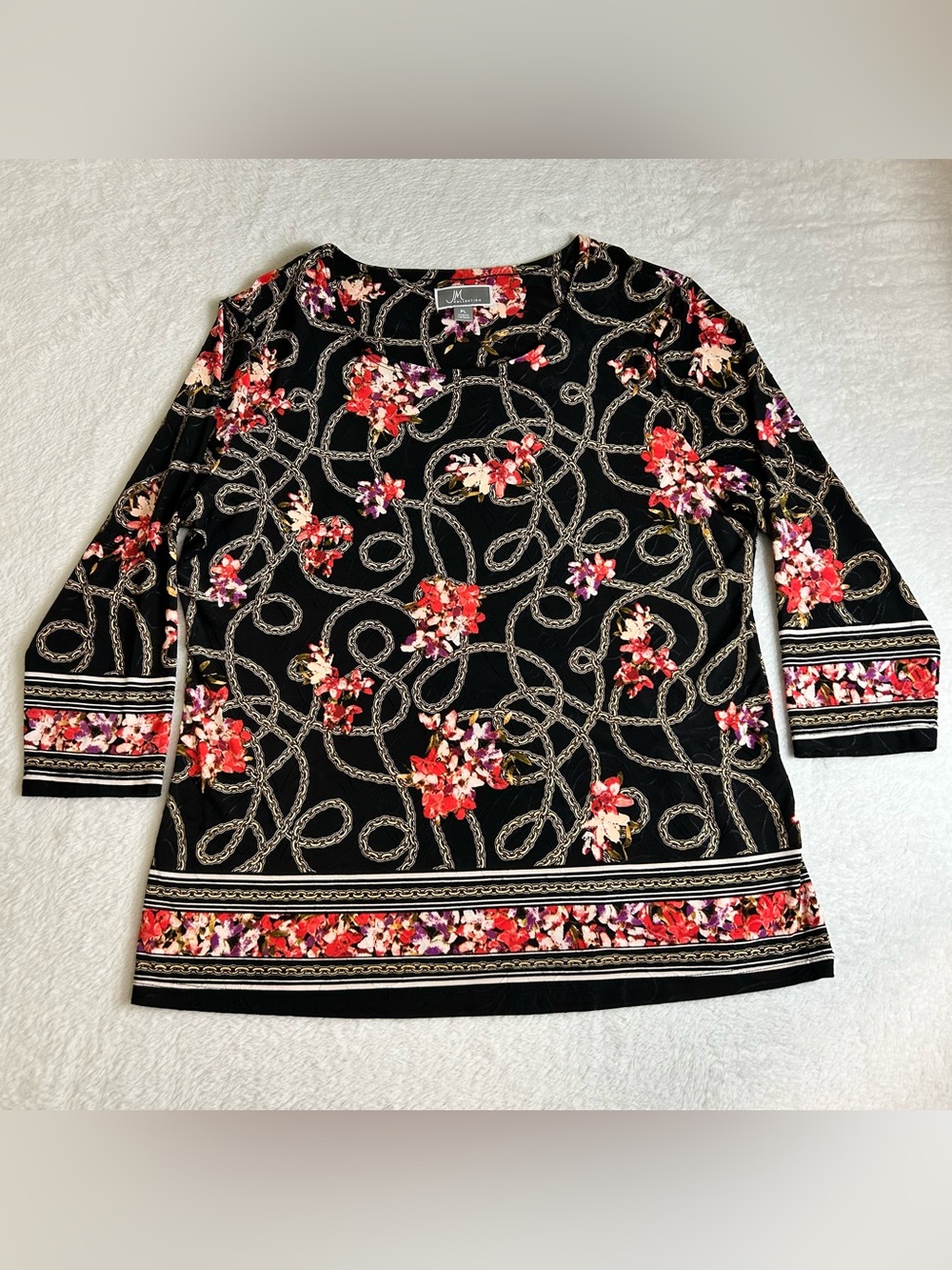 JM Collection Women's Blouse Size Petites Large Black Floral Chain 3/4 Sleeve
